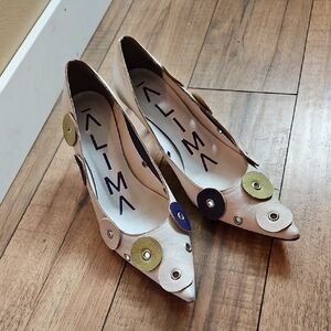 Alima Aldo Cream Green Purple Metal Eyelet Pointy Toe Kitten 2.5" Heels Size 6.5